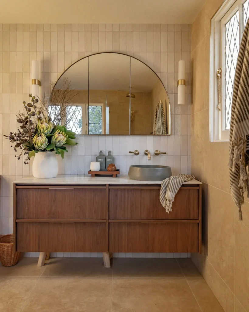 modern bathroom arched mirror oak vanity