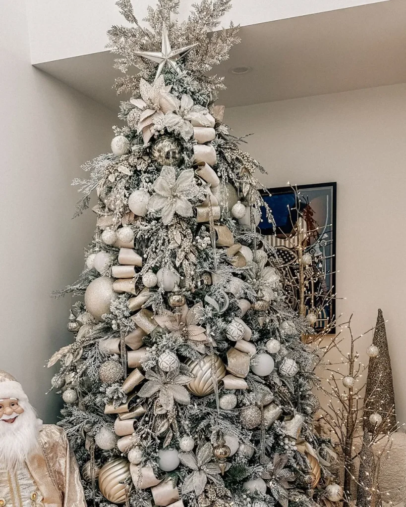 silver baubles white christmas tree