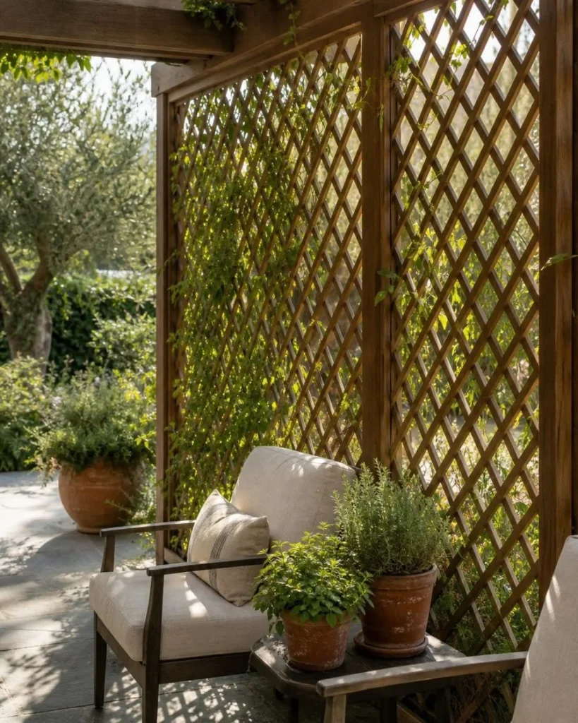 slim wooden trellis standing between two zones