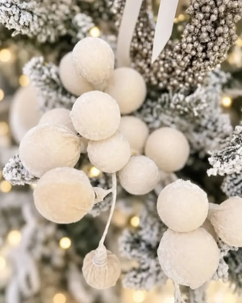snowy christmas tree ornaments close up